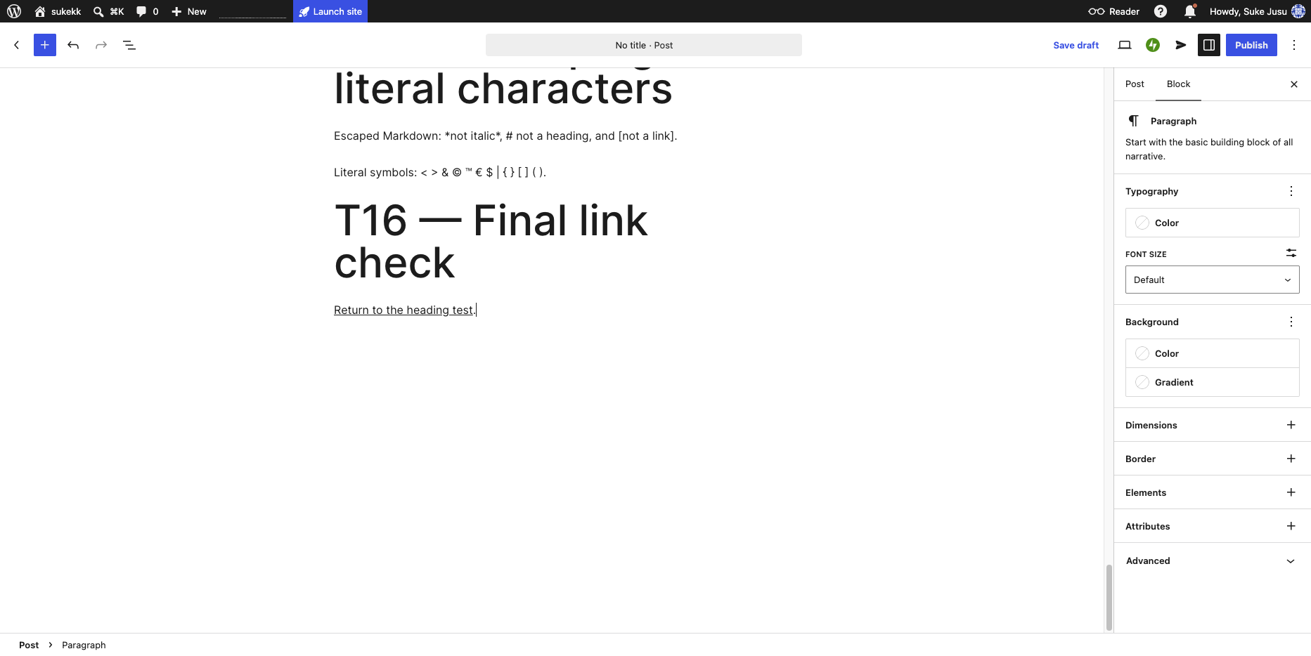 Raw Markdown pasted into the WordPress.com block editor, showing native heading, list, and table blocks alongside literal footnote and math text. Tested 2026-08-24.